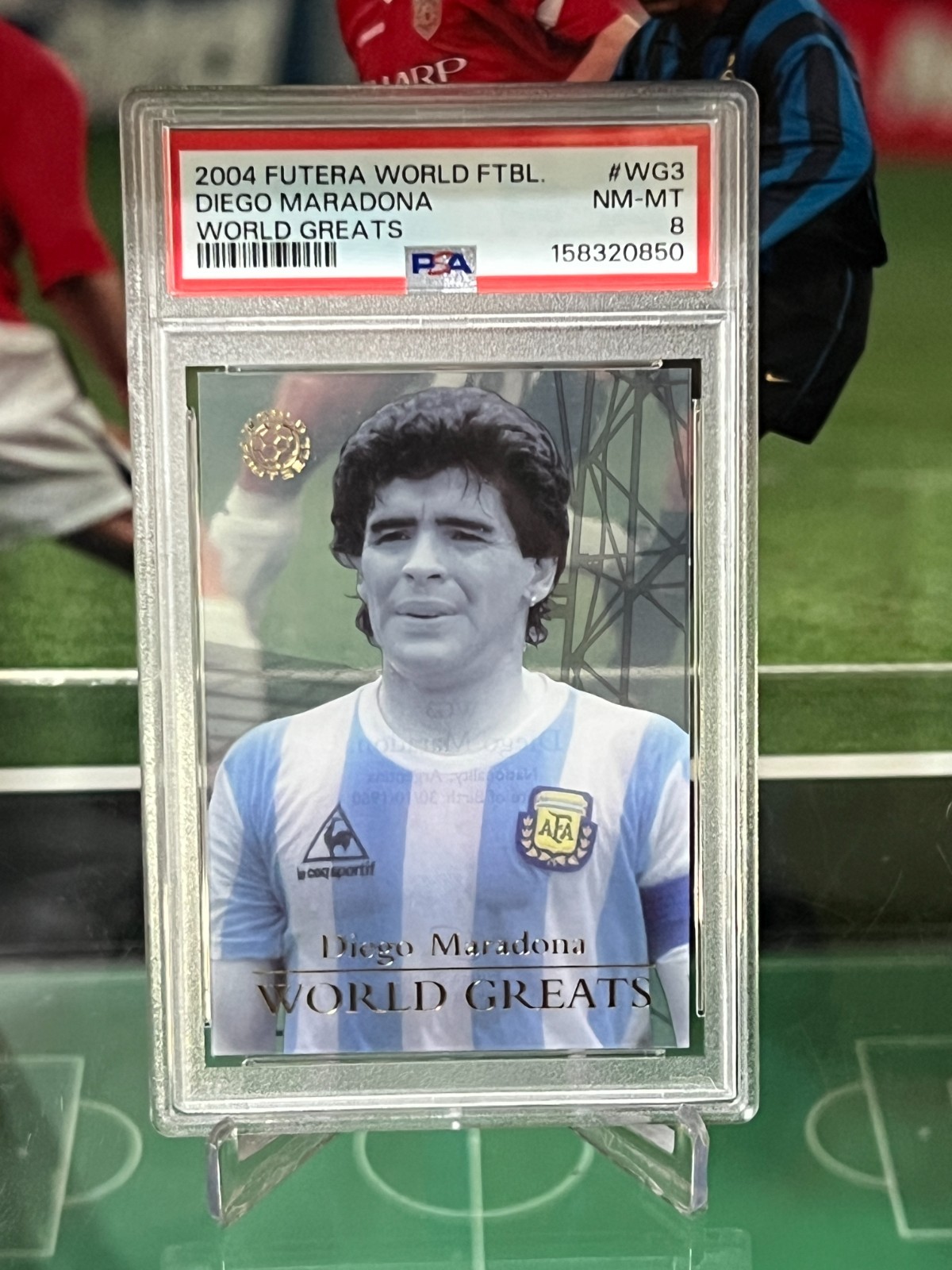 2004 Futera World Football #WG3 Diego Maradona World Greats PSA 8 view 3