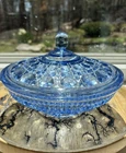 Vintage Indiana Glass Ice Blue Candy Nut Dish w/ Lid 7” Windsor Cane And Button
