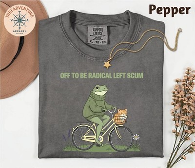 Off To Be Radical Left Scum T Shirt Frog and Cat on Bicycle Resi