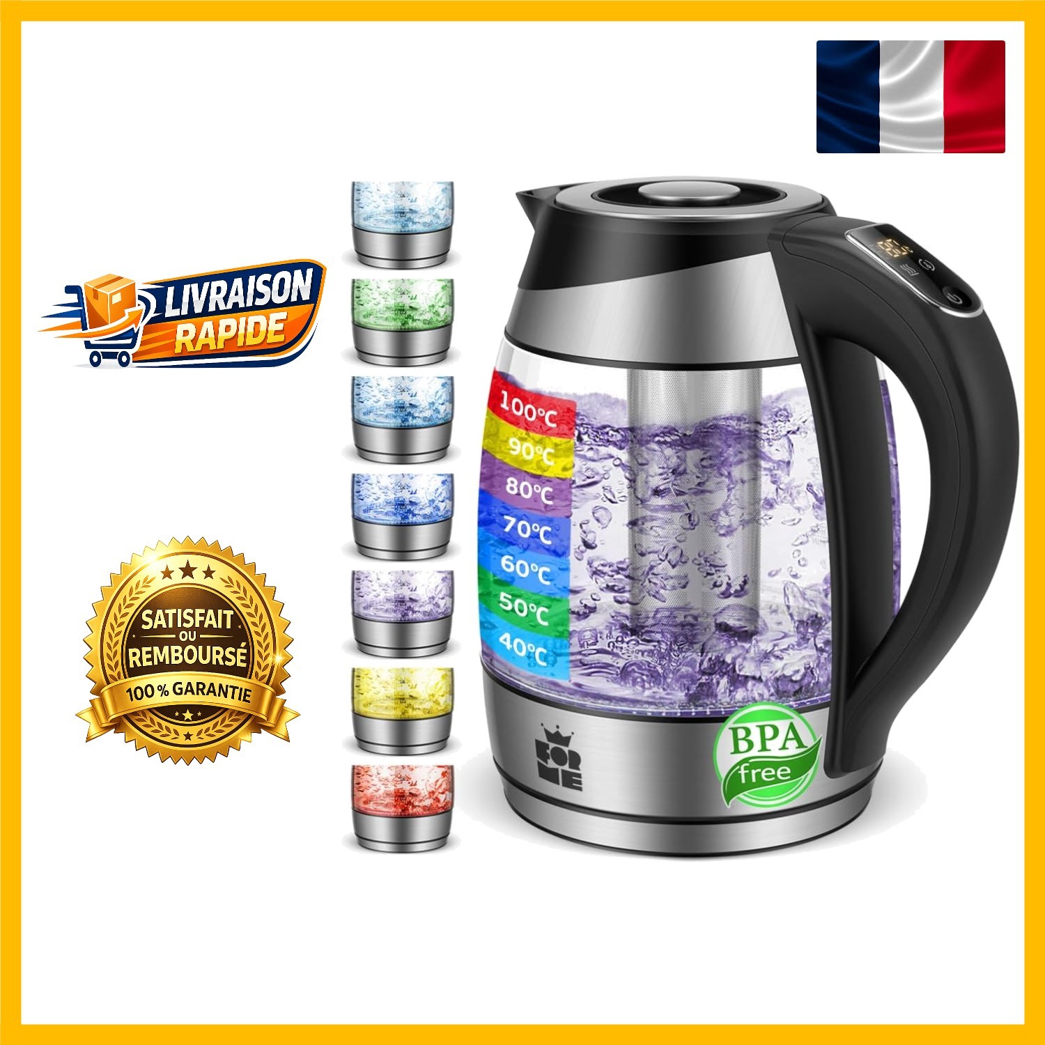 Bouilloire en verre anti-tartre 1,8L ébullition rapide sans BPA