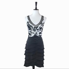 Xscape Retro Women's Party Dress Black White Satin Tiered Cocktail Size 4