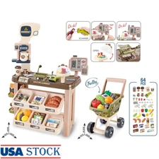 Grocery Store Playset Kids Shopping Cart Cash Register Play Food 64 Pieces New