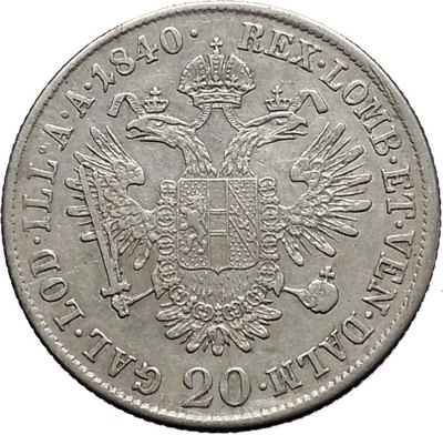 1840 Austria Emperor FERDINAND I Antique Silver Coin 20 Kreuzer