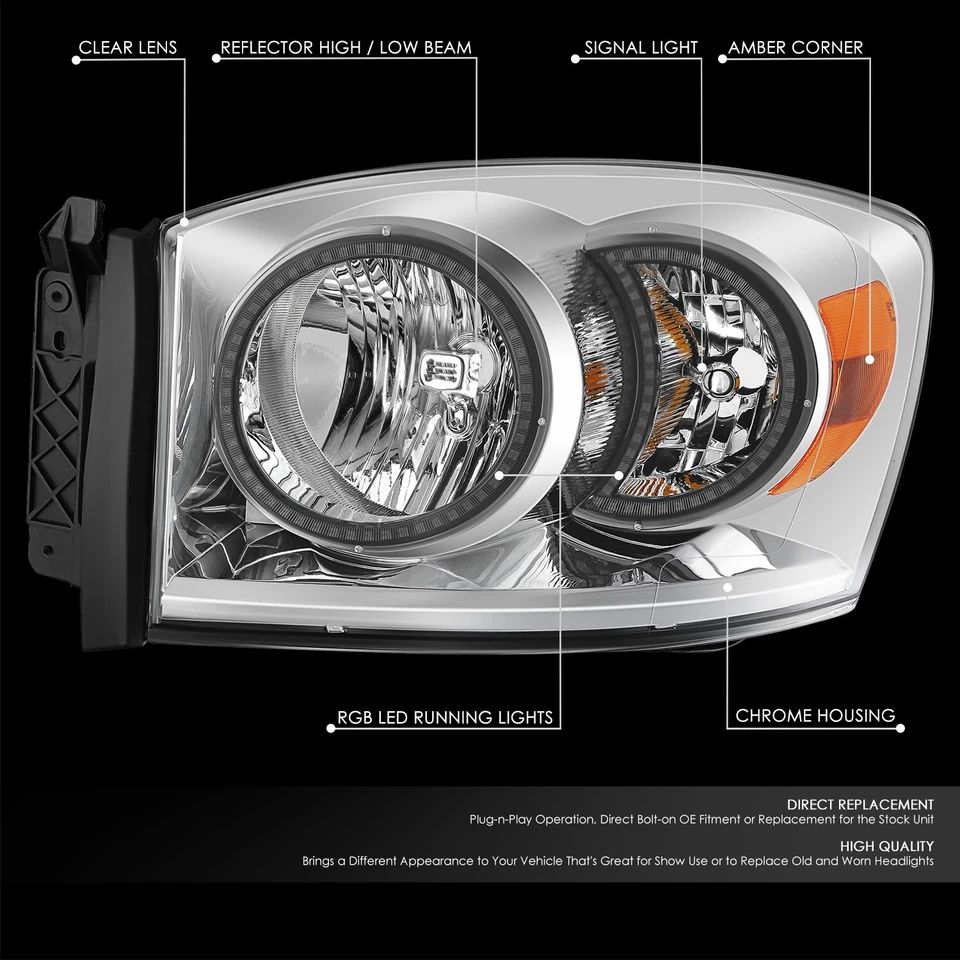 Faros cromados/ámbar LED DRL cromados/ámbar para camioneta Dodge Ram 1500 2500 3500 06-09 Foto 2 de 4