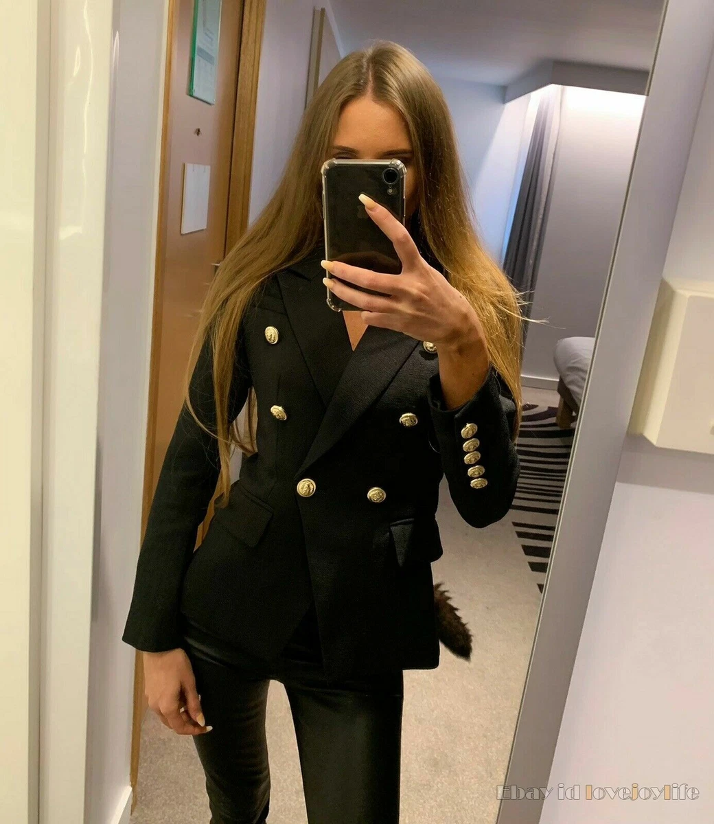 Textured Black Double Breasted Blazer With Gold Buttons Elegant