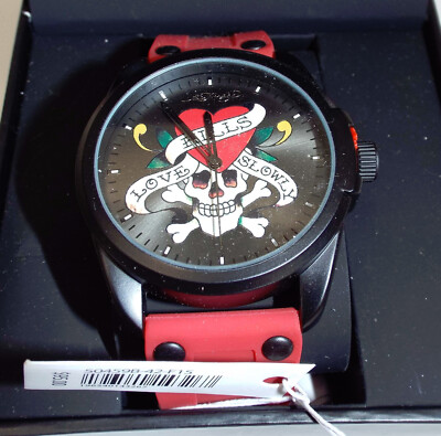 New Mens Ed Hardy Men's Skull Red Silicone Strap Watch 46mm Boat