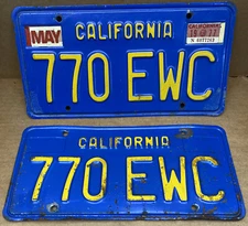 RARE 1970s & 80s "DMV CLEAR"( CALIFORNIA )  770 EWC LICENSE PLATE - VINTAGE