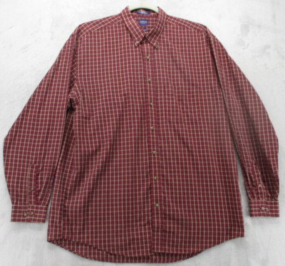 Arrow Button Up Shirt Men's XL red with Beige Blue Geometric Plaid Wrinkle Free