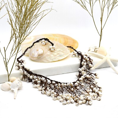 Vintage Genuine White Pearl Bib Necklace With Crystal  White Pearl & crystal bib necklace vintage . display picture 1