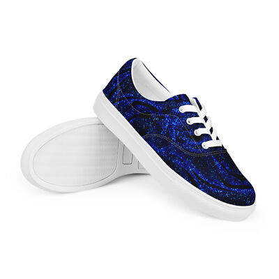 Women's Lace-up Canvas Shoes with Royal Blue Print on Black