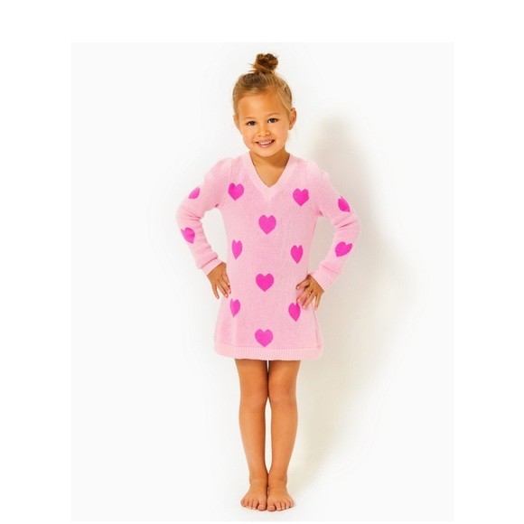 $108 NWTLilly Pulitzer Girls Mini Keane Sweater Dress Pink Heart Jacquard XS 2-3