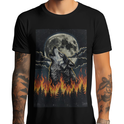 Herren T-Shirt heulender Wolf Mond Feuer Natur Wildnis Wald Vintage Schwarz