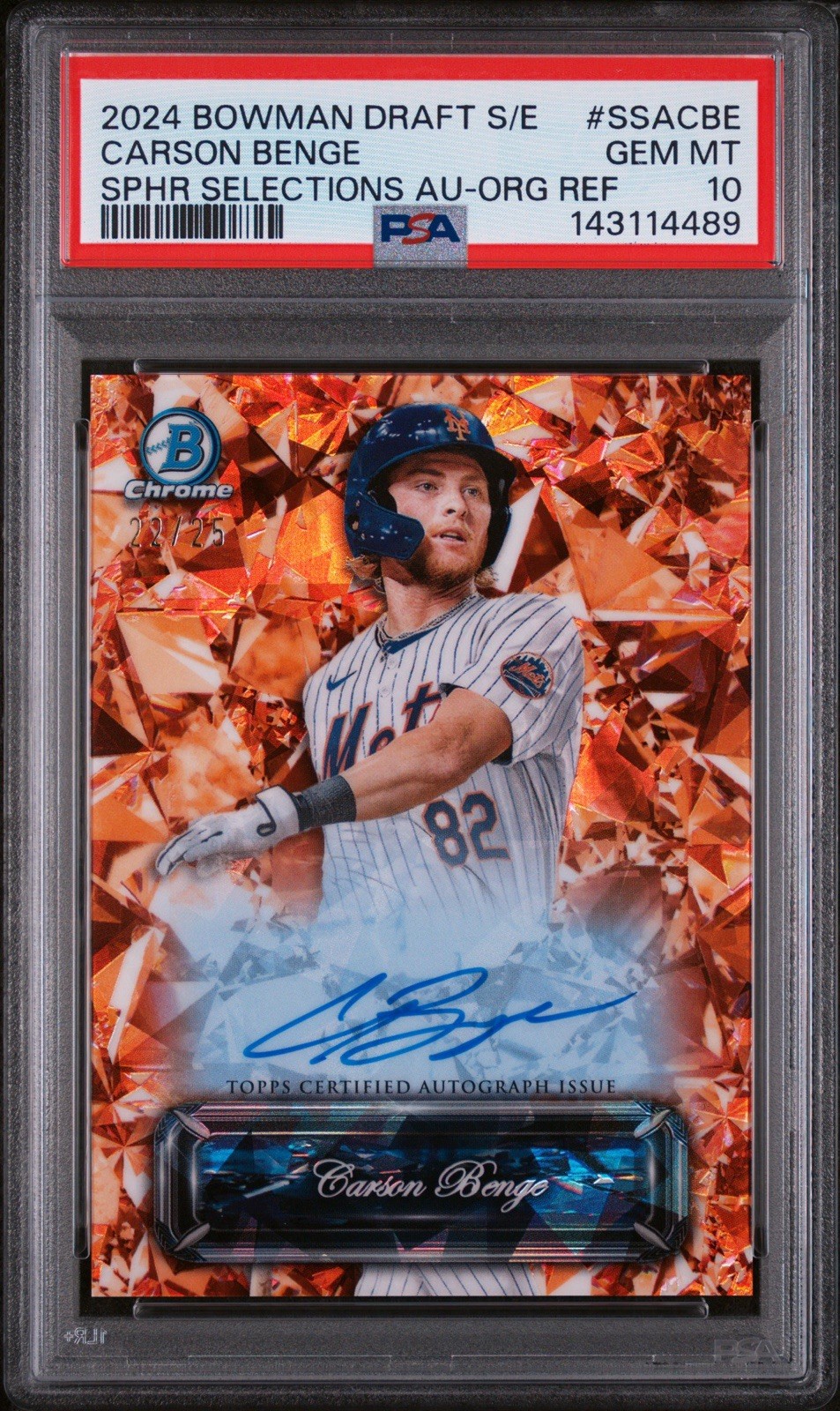 2024 Bowman Chrome Draft Sapphire Carson Benge Auto Orange /25 (RC) PSA 10