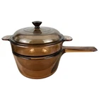 Vintage Corning Pyrex Visions Double Boiler Set Amber V-20-B & V 1.5 C Lid READ