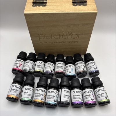 PURA D'OR 16 Essential Oil Set 100% Organic 16x 10ml w/ Wooden Box