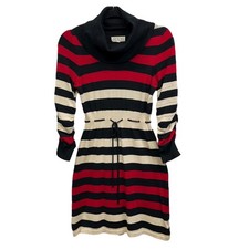 Pink Rose Sweater Dress Womens S Black Red Tan Striped Cowl Neck Ruched Sleeves