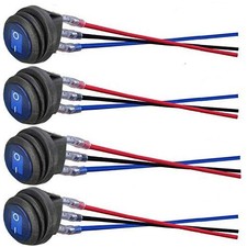 Waterproof Round Rocker Switch 4 Pcs 12V 20A/24V 10A Blue Light SPST Wires Auto