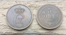 2 coin lot -1876 Sweden 5 ore coin-1899 Denmark 5  ore.