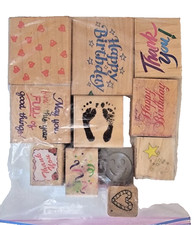 Lot of 11 Wooden Rubber Stamps Birthday Thank You Baby Footprints Hearts Used