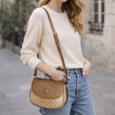 Vintage Gucci GG Jacquard Canvas Leather Crossbody Saddle Bag Italy 1980s-1990s