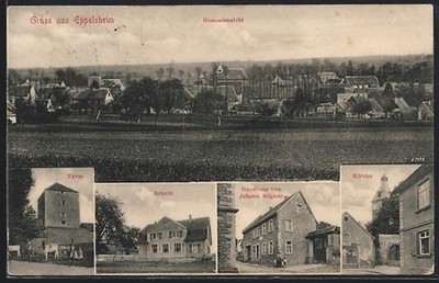 Eppelsheim, Kirche, Handlung von Johann Bügner, Schule, Turm, Ansichtskarte 191 