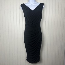 Express Black Knee Length Dress With Ruching, V-Neck, Side Zipper, Stretch