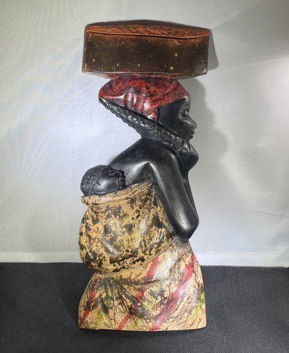 VTG Ghana African Tribal Art Hand Carved Wood Woman with Child Plaque 13”x6”  - Picture 1 of 13
