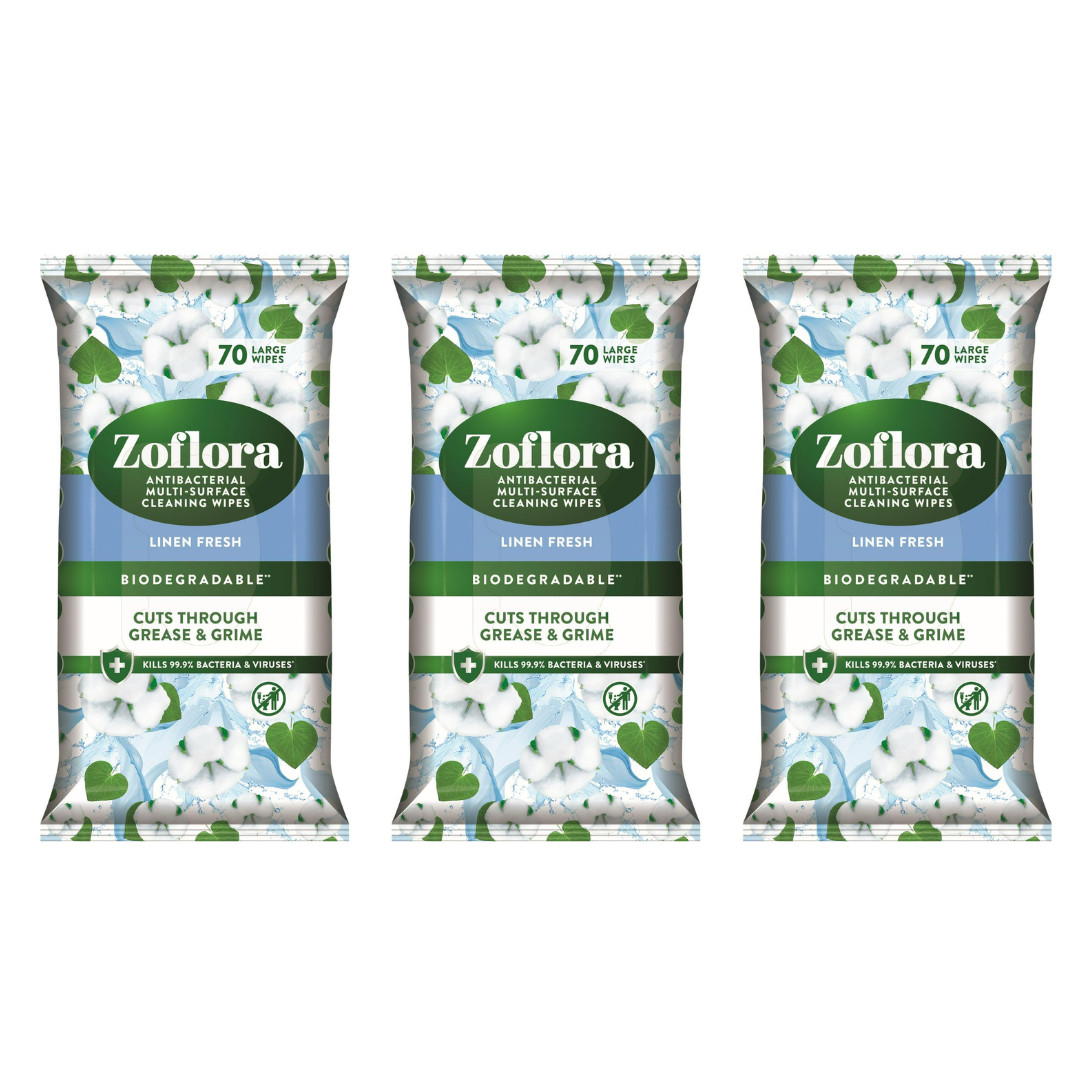 Zoflora Biodegradable Linen Fresh Multi-Surface Disinfectant Wipes 70 x 3