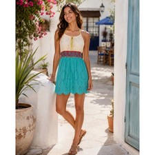 Flying Tomato Halter Dress Womens M Teal Eyelet Lace Boho Vacation