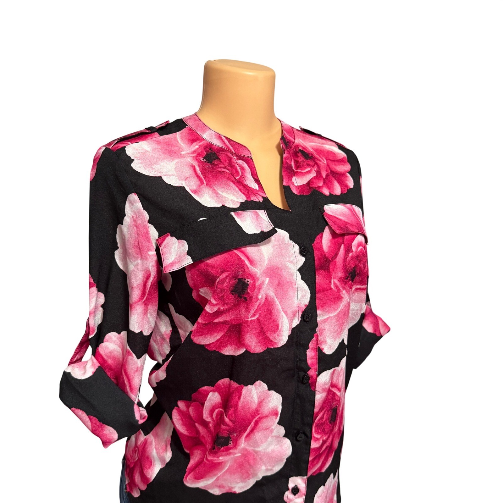 Calvin Klein Women's Black Pink Floral Print Long Sleeve Button Up Shirt XS