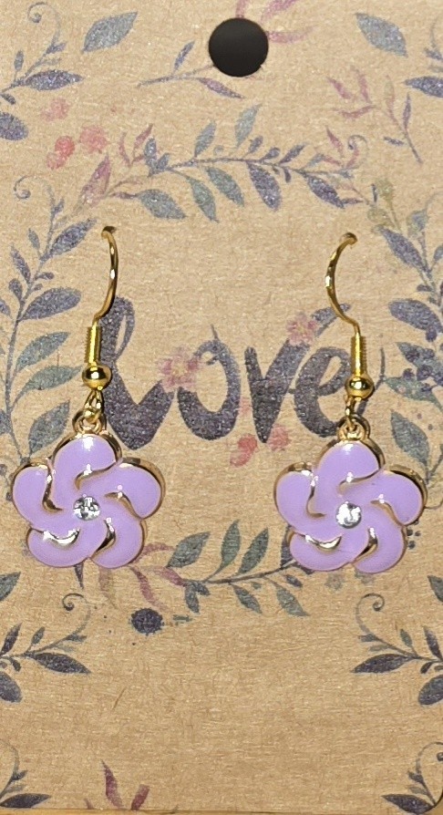 Dangle Enamel Purple Flower With Rhinestone Earrings .925 Sterling Silver Hooks