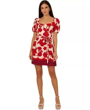 Adrianna Papell Women's Floral-Print Puffed-Sleeve Dress - Red/Ecru - 4
