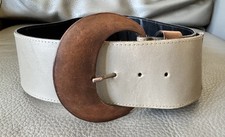 Vintage KRIZIA Oversized Leather Belt With Wood Buckle, Made In Italy, 28  