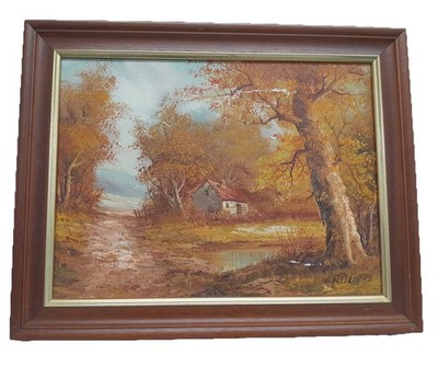 Vintage J. Williams River Scheune Landschaft Acryl auf Leinwand gerahmtes Gemälde