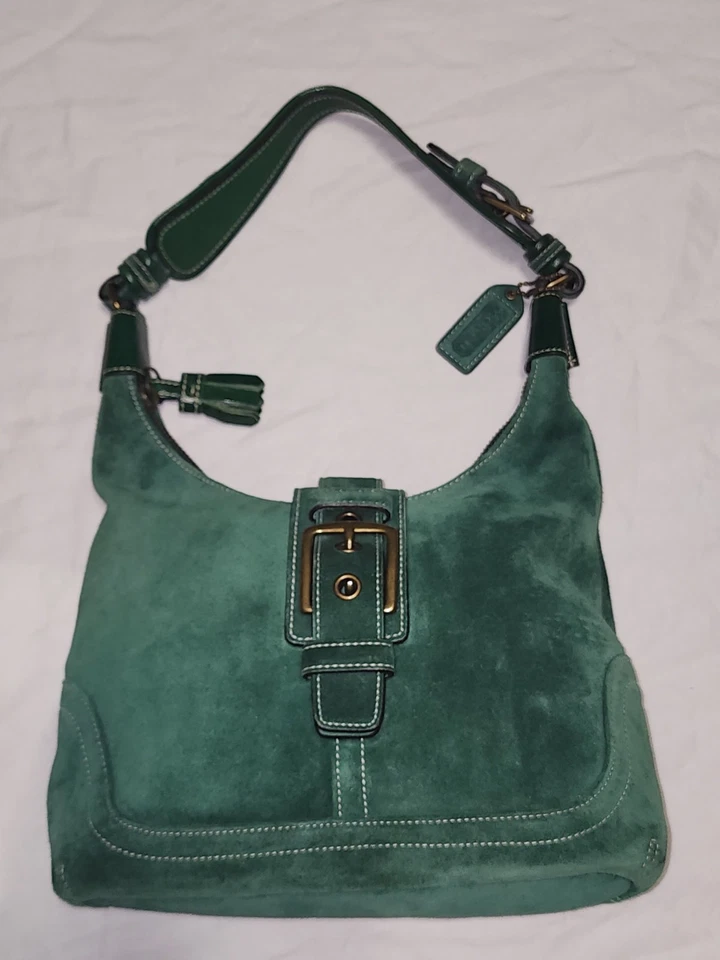 复古 Y2K COACH 7471 Hamilton Soho Kelly 绿色麂皮绒翻盖单肩包/Hobo 包拉链 — 第 2/4 张图片