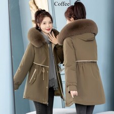 Women Faux Fur Collar Parka Outerwear Thick Hooded Coat Detachable Liner Jacket