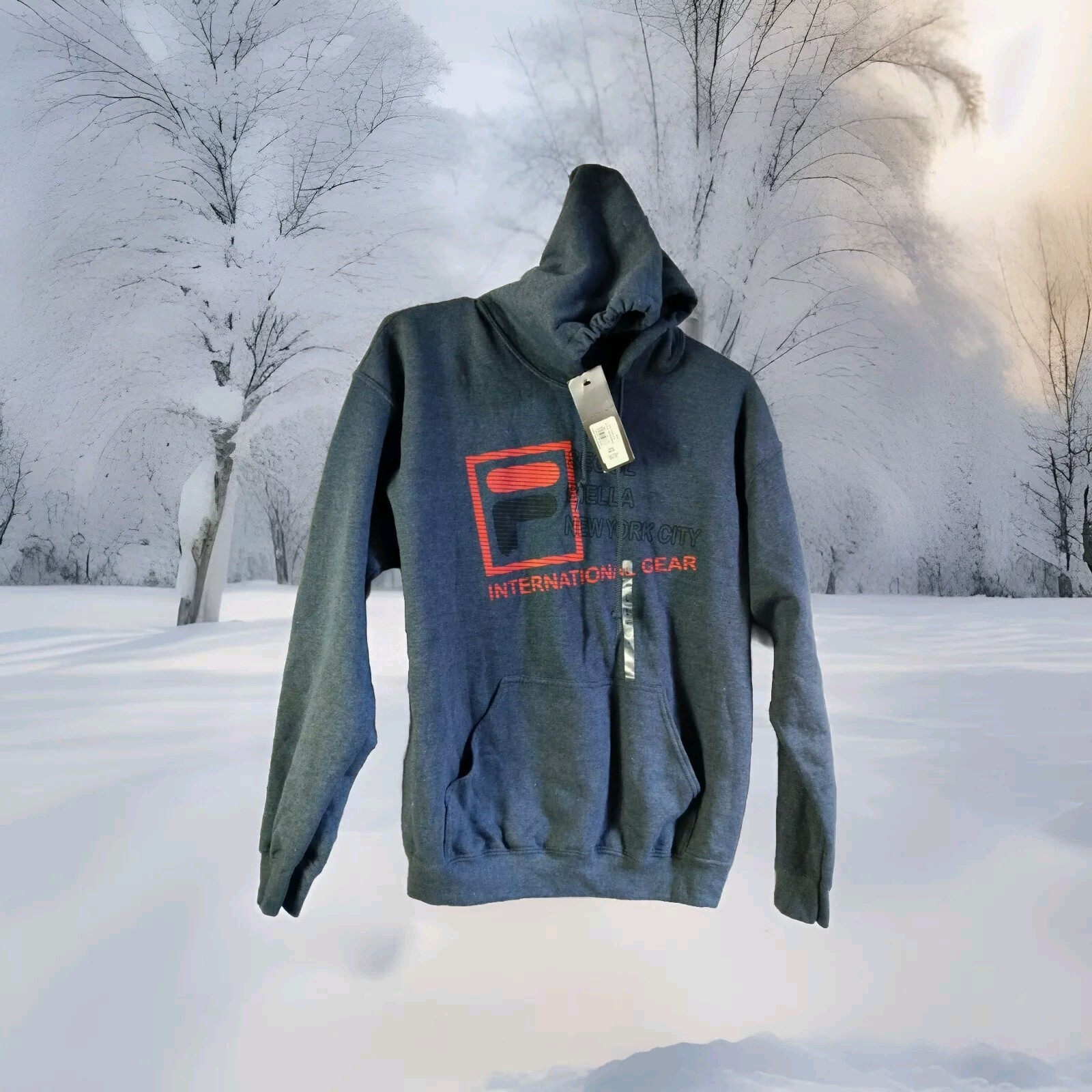 Felpa grigia Fila pullover felpa con cappuccio International Gear New York City Seoul taglia L