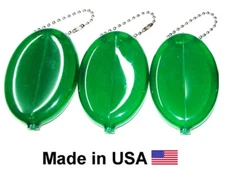 3 OVAL GREEN SQUEEZE COIN HOLDERS, USE AS KEYCHAIN, POCKET ORGANIZER MADE IN USA
