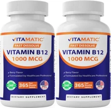 (2 Pack) Vitamatic Vitamin B12 1000 mcg Fast Dissolve 365 Tablets-Berry Flavor