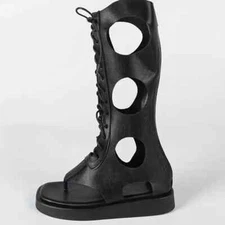 Women's Stylish Black PU Shoes Round Lace-Up Hollow Design Roman Style Sz 10