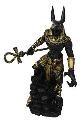 Egyptian Jackal God Anubis With Ankh Staff Spear On Skull Graveyard Figurine