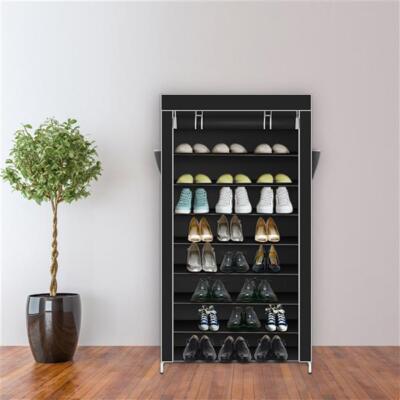 10 Tiers Shoe Rack with Dustproof Cover Closet Shoe Storage Cabinet Black