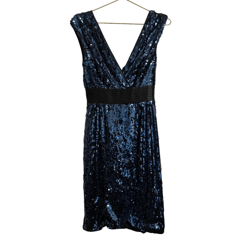 BCBG MAXAZRIA Blue Black Double V Sequin Holiday Dress Size MED | eBay