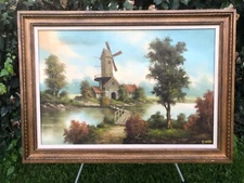T METZA Original HUGE DUTCH LANDSCAPE RIVER BRIDGE HOLLAND WINDMILL Oil & Canvas