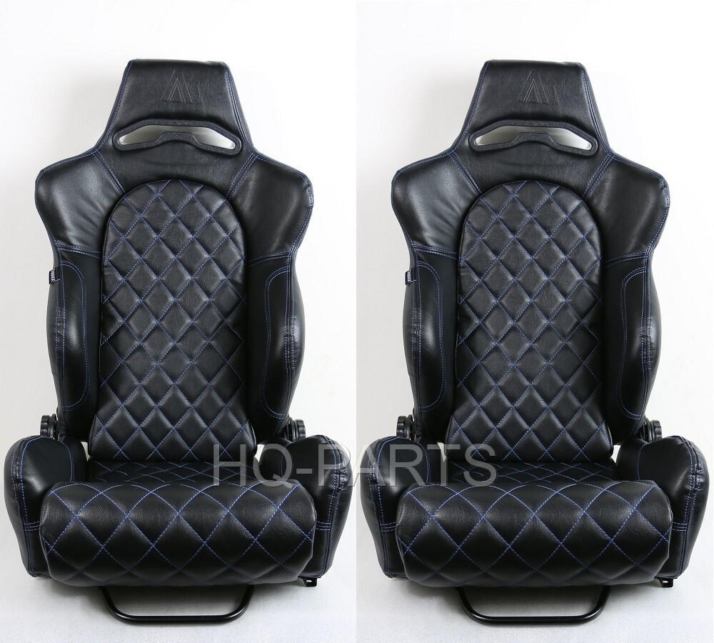 2 TANAKA BLACK PVC LEATHER RACING SEAT RECLINABLE BLUE DIAMOND
