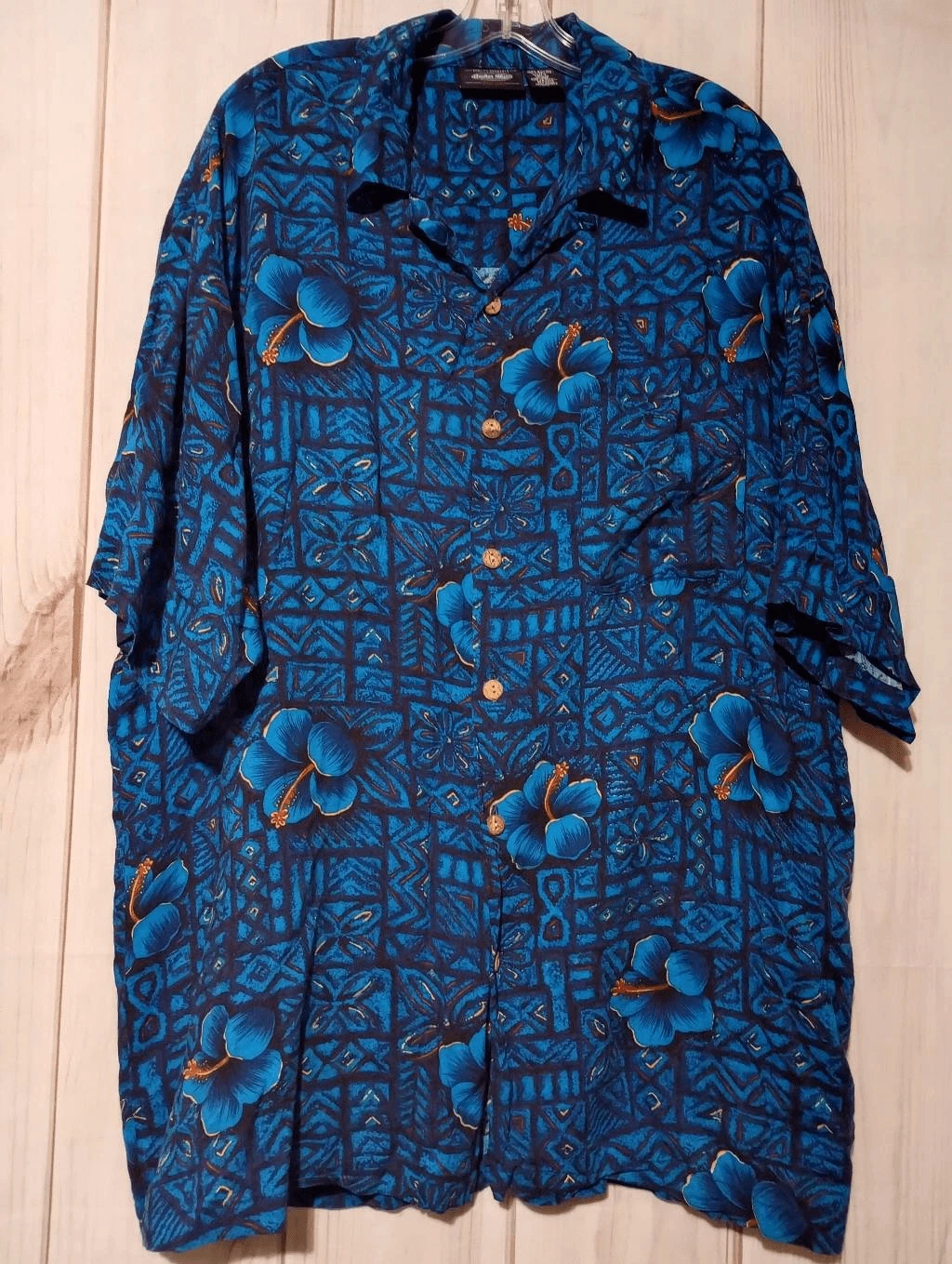 Anchor Blue Shirt Men's 2xl Blue Hibiscus Hawaiian Button Front Short Sleeve