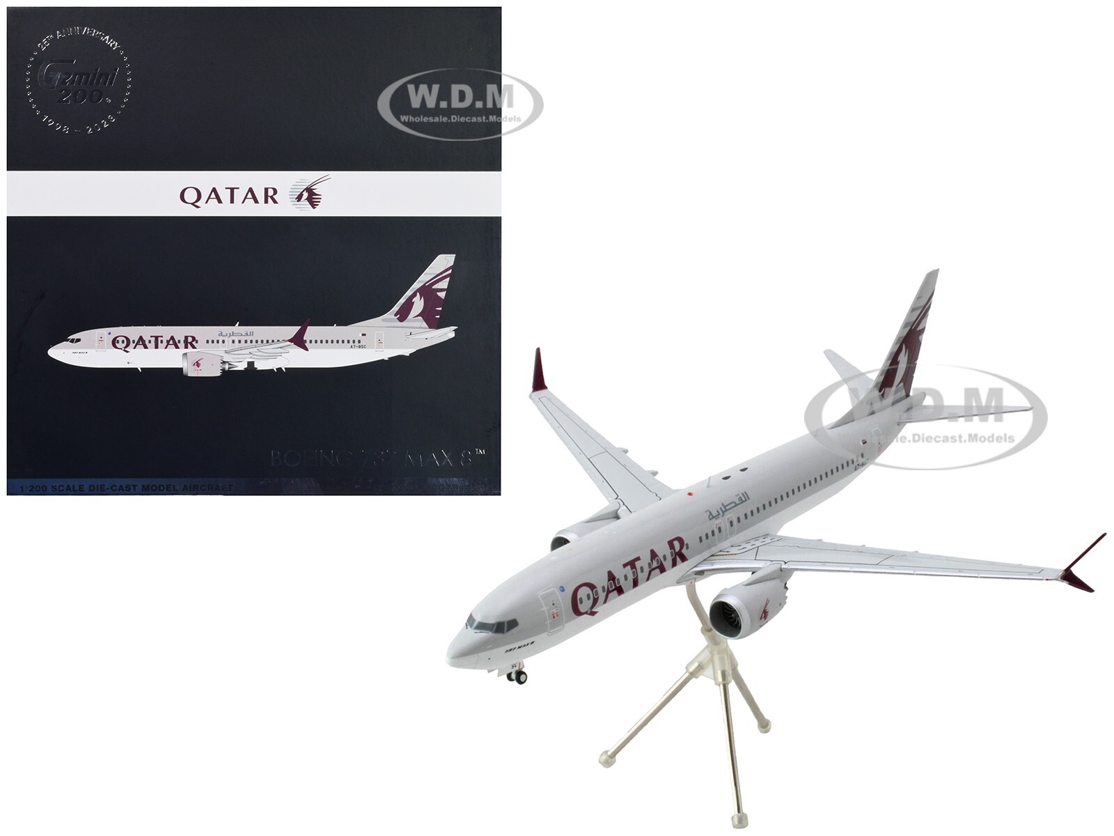 САМОЛЕТ BOEING 737 MAX 8 АВИАКОМПАНИИ QATAR AIRWAYS 1/200, ИЗГОТОВЛЕННЫЙ НА ЗАКАЗ GEMINIJETS G2QTR1243