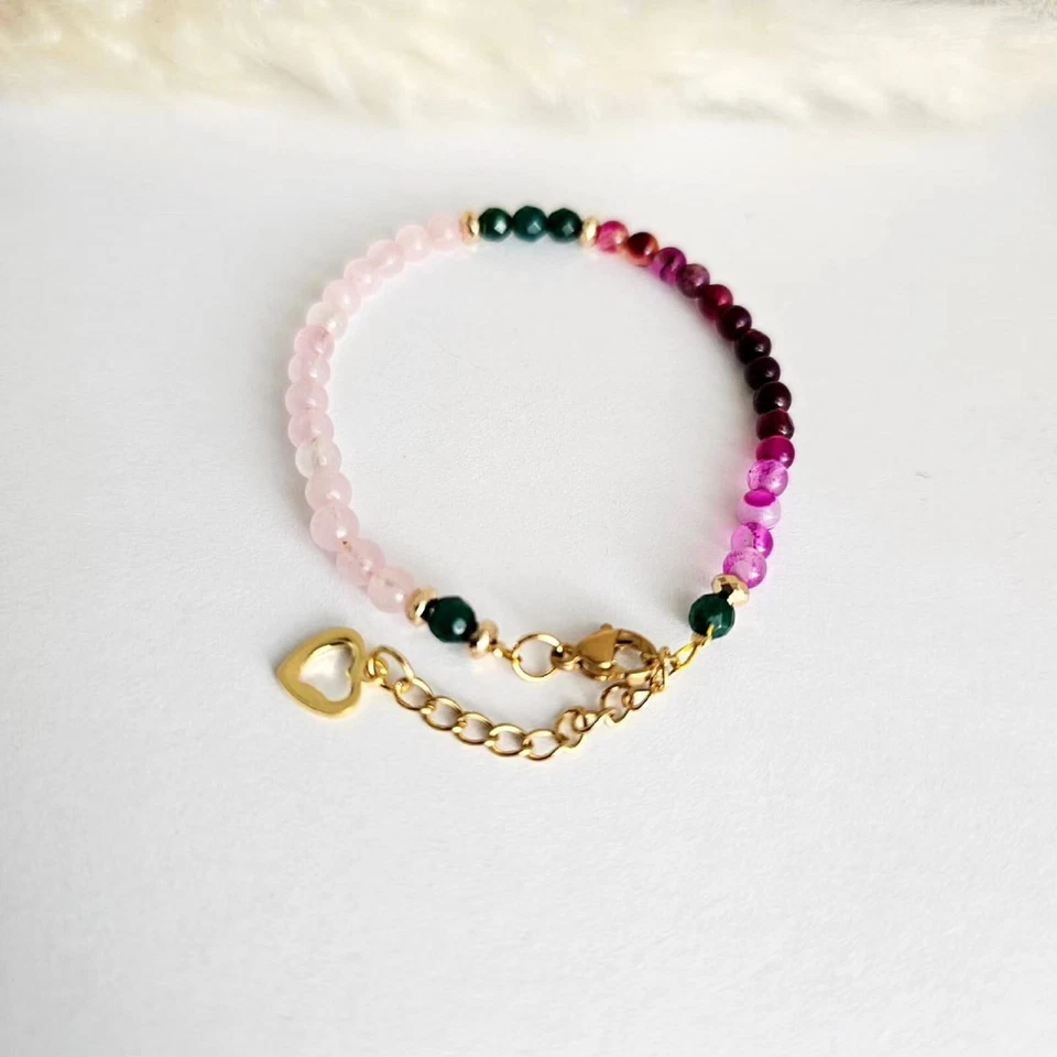 Fuchsia Achat+Smaragd+Rosenquarz und Hämatit Perlenarmband Karabiner Verschluss - Bild 3 von 4