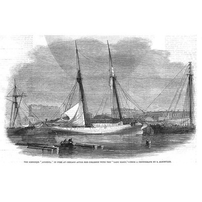 Schoner Augusta im Hafen von Chicago nach ihrer Kollision - antiker Druck 1860
