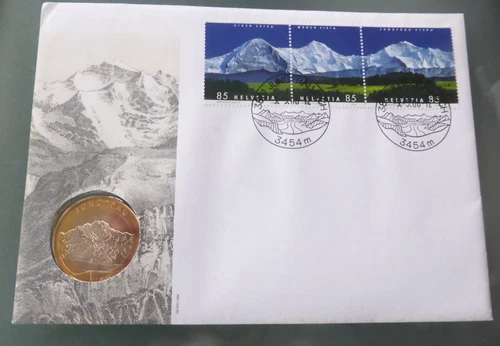 SWITZERLAND 2012 MOUNTAINS ILL FDC WITH JUNGFRAU 10fr COIN ENCAPSULATED